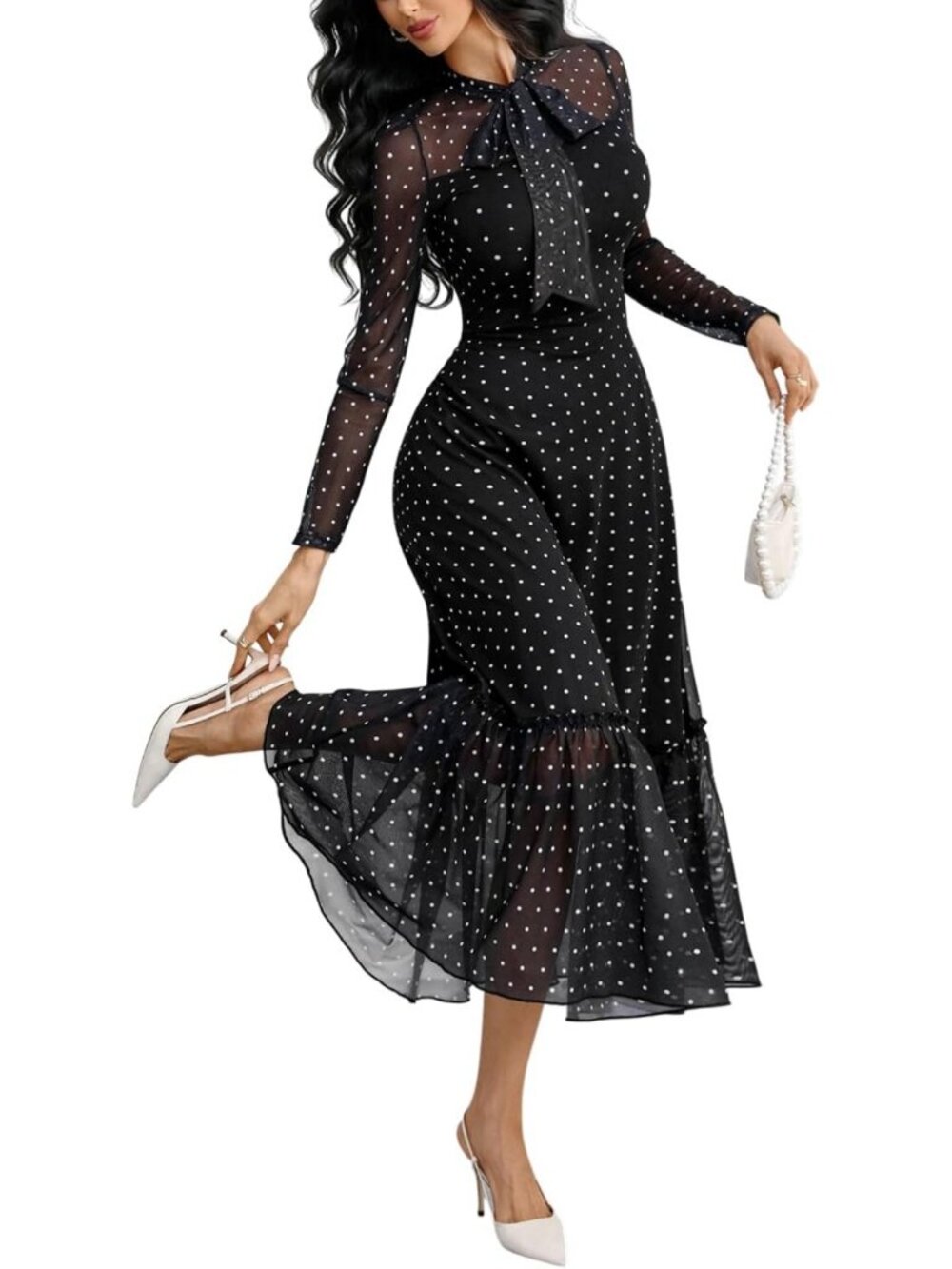 Gothic Polka Dot Dress for Women | Tie Neck Bow, Ruffle, Vintage Fall Style